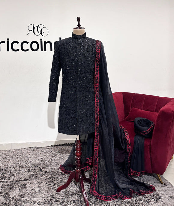 BLACK BEADED SHERWANI WITH SHAWL
