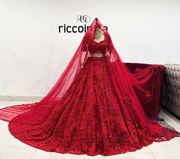 DEEP RED TRAIN LEHENGA WITH HEAVY BEADED DUPATTA & VEIL