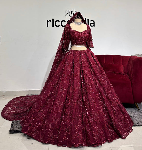 BURGUNDY LEHENGA WITH BEADED VEIL