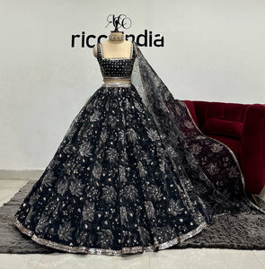BLACK ORGANZA FLORAL LEHENGA