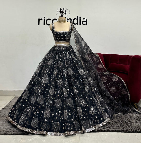 BLACK ORGANZA FLORAL LEHENGA