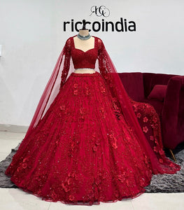 DARK RED LEHENGA WITH HAND MADE ORGANZA FLOWERS