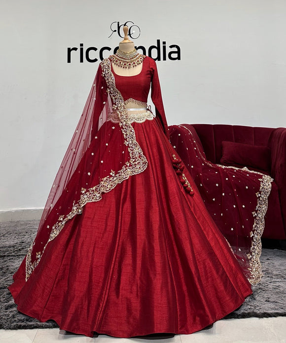 DARK RED RAW SILK FLARED LEHENGA WITH HEAVY WORK DUPATTA