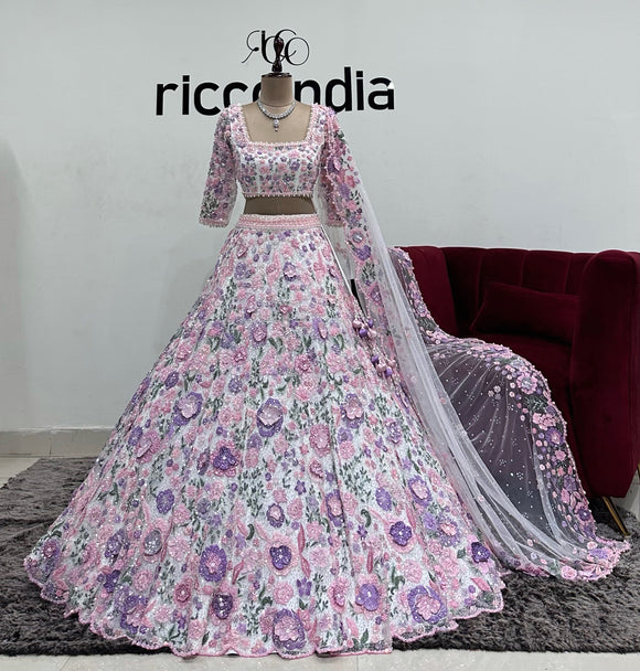 WHITE LEHENGA WITH FLORAL EMBROIDERY & 3D FLOWERS