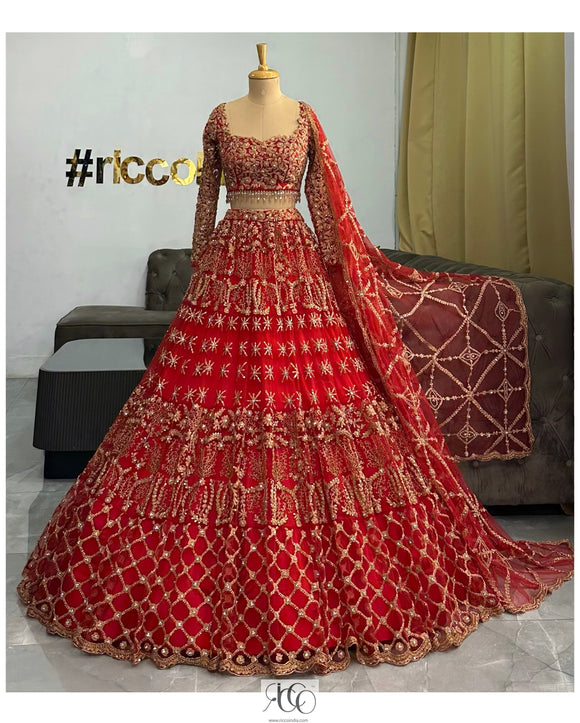 RED FLARED LEHENGA WITH ROSE GOLD DORI WORK