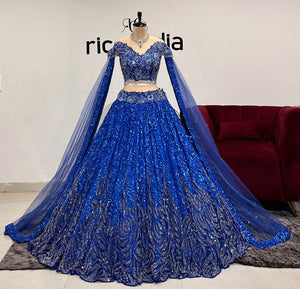 ROYAL BLUE HEAVY FLARED LEHENGA WITH CAPES