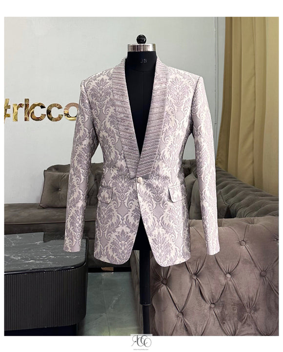 JACQUARD PURPLE TUX WITH BEADED LAPEL