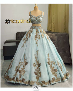 TIFANNY BLUE CRYSTAL CORSET WITH FLARED HAND-EMBROIDERD SKIRT