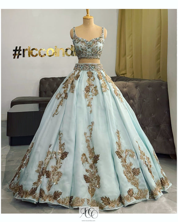 TIFANNY BLUE CRYSTAL CORSET WITH FLARED HAND-EMBROIDERD SKIRT