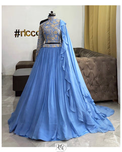 BLUE INDOWESTERN LEHENGA WITH FRILL DUPATTA