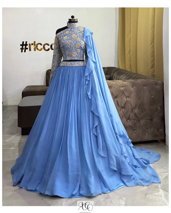 BLUE INDOWESTERN LEHENGA WITH FRILL DUPATTA