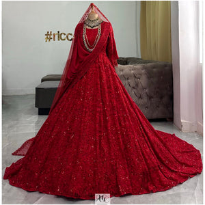 RED TRAIL LEHENGA WITH BEADED VEIL