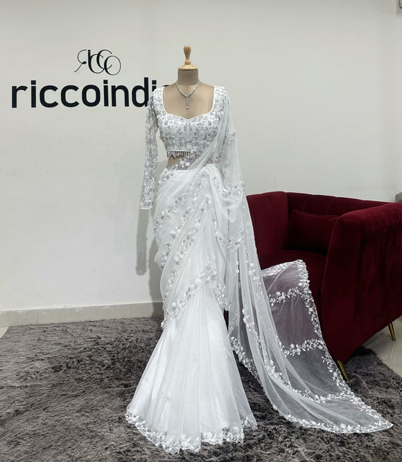 WHITE FLOWER WORK SAREE