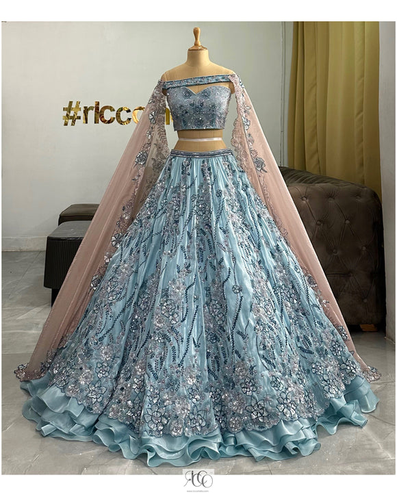 BLUE LEHENGA WITH CRYSTAL WORK & CAPES