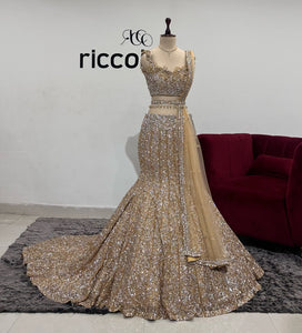 GOLD OMBRE FISH CUT LEHENGA WITH HANDMADE FLOWERS