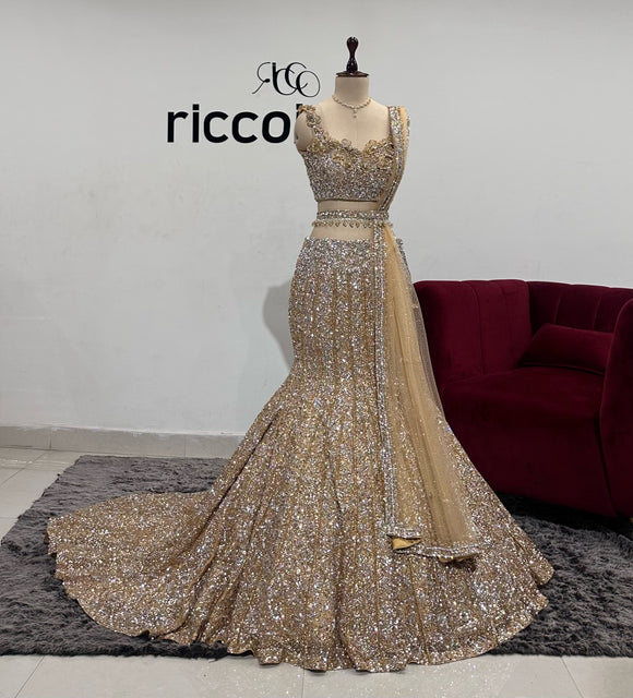 GOLD OMBRE FISH CUT LEHENGA WITH HANDMADE FLOWERS