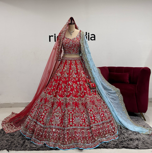 RED BRIDAL LEHENGA WITH BLUE DUPATTA & RED VEIL