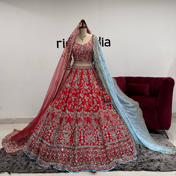 RED BRIDAL LEHENGA WITH BLUE DUPATTA & RED VEIL