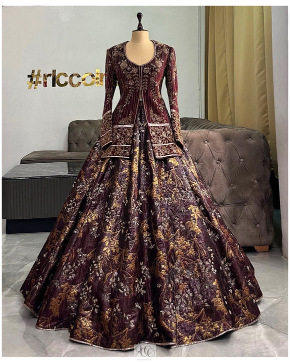 BURGUNDY JACKET LEHENGA
