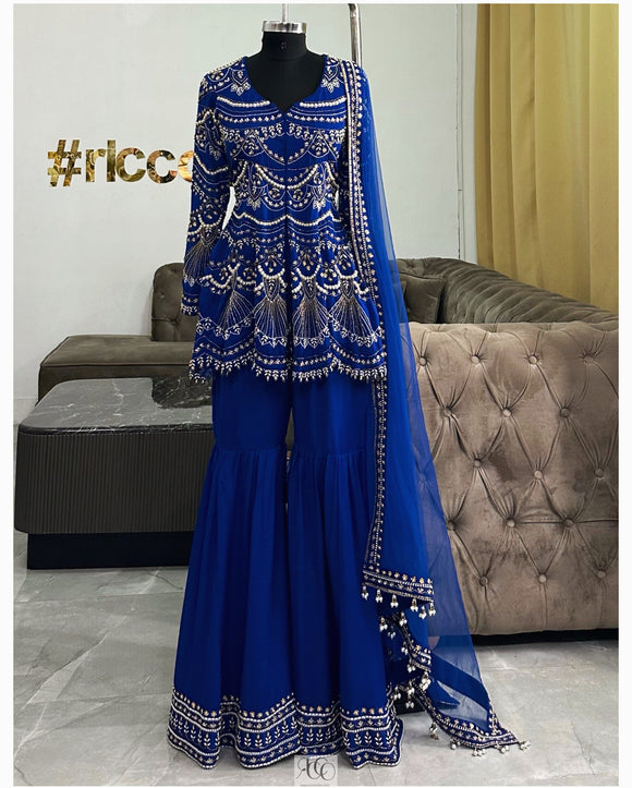 Royal blue sharara with pearls embroidery