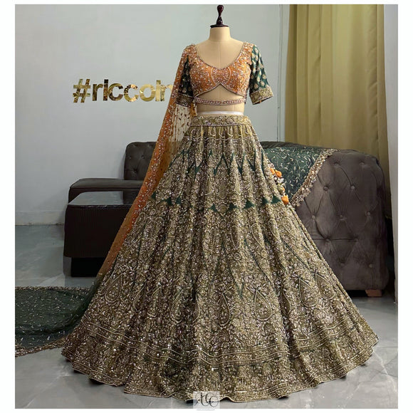 BENARSI GREEN BRIDAL LEHENGA WITH JAAL EMBROIDERY DUPATTA