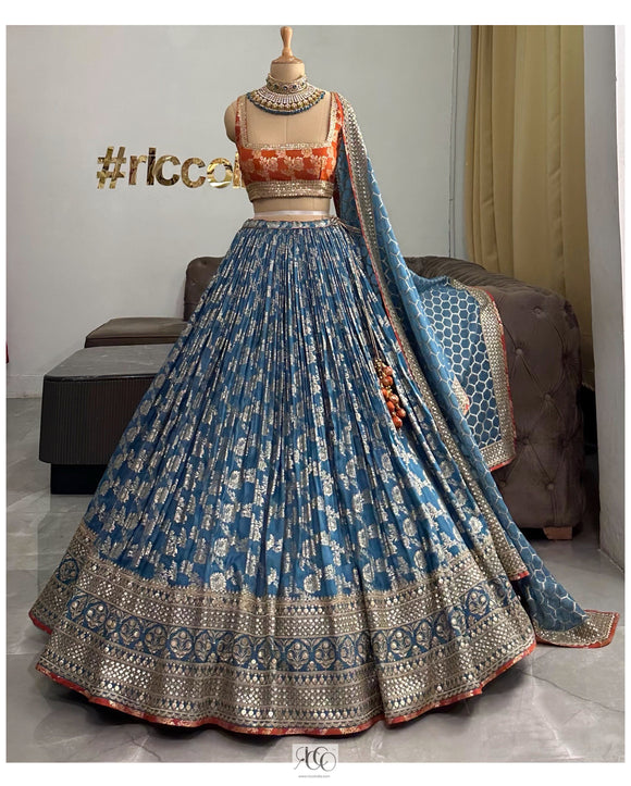 TURQUOISE & ORANGE BENARSI CHANDERI LEHENGA