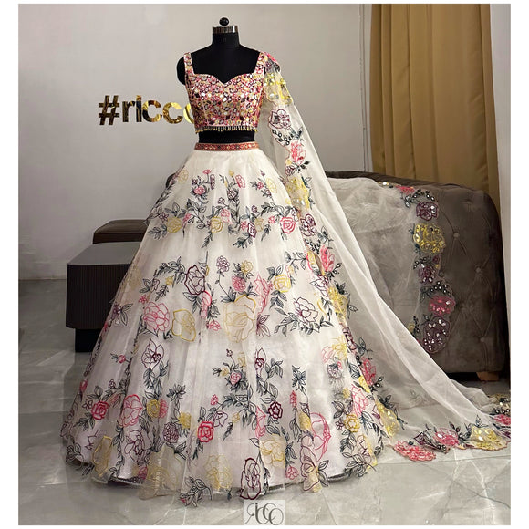 WHITE COLORFUL EMBROIDERY LEHENGA WITH MIRROR WORK DUPATTA