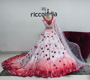 OMBRE WHITE TO RED LEHENGA WITH HANDMADE FLOWERS