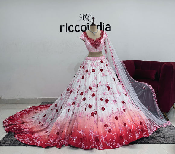 OMBRE WHITE TO RED LEHENGA WITH HANDMADE FLOWERS