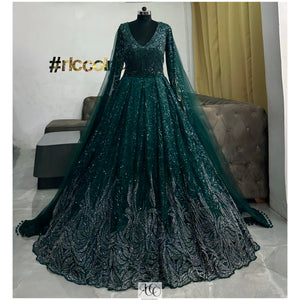 GREEN & SILVER OMBRE EMBROIDERY GOWN WITH CAPES