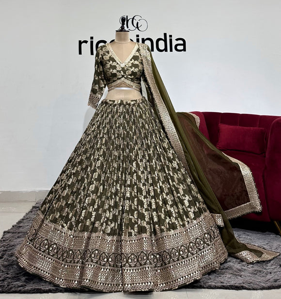 BENARSI LEHENGA IN OLIVE GREEN