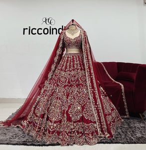 ZARDOZI WORK MAROOL LEHENGA WITH 3 DUPATTAS