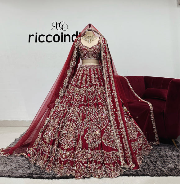 ZARDOZI WORK MAROOL LEHENGA WITH 3 DUPATTAS