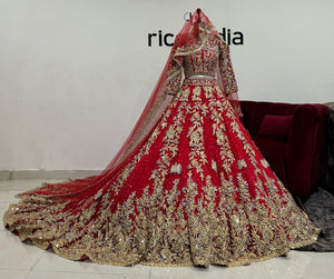 RED TRAIN LEHENGA WITH VIEL