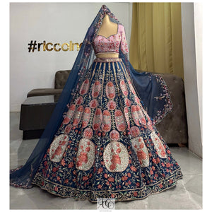 TEAL & PINK PANELLED EMBROIDERED LEHENGA