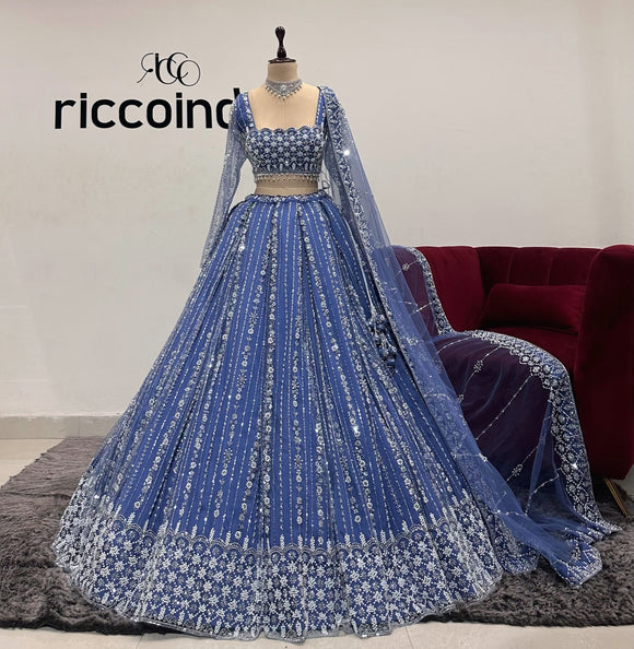 BLUE LEHENGA WITH PEARLS WORK
