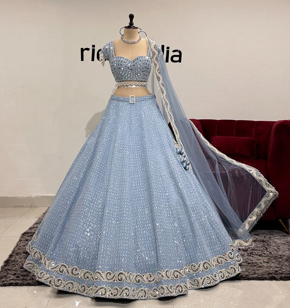 BLUE DEMIN LEHENGA WITH SILVER SEQUIN & PEARLS EMB WITH MIRRORS BLUE DEMIN LEHENGA WITH SILVER SEQUIN & PEARLS EMB WITH MIRRORS