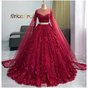 Deep red Lehenga with hand made organza flowers