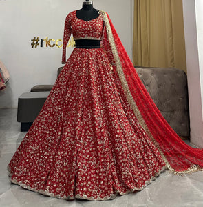 RED FLORAL ZARI WORK LEHENGA