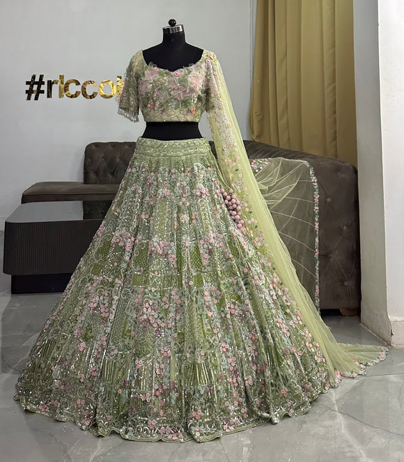 GREEN LEHENGA WITH HAND MADE FLOWERS & HEAVY BEADWORK