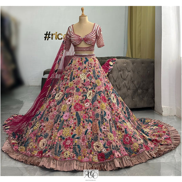 MULTI-COLOURED ROSE LEHENGA WITH HUGE TRAIN