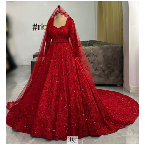 2018 Red Lace Ball Gown Wedding Dresses with High Neck Gorgeous Weddin –  angelaweddings