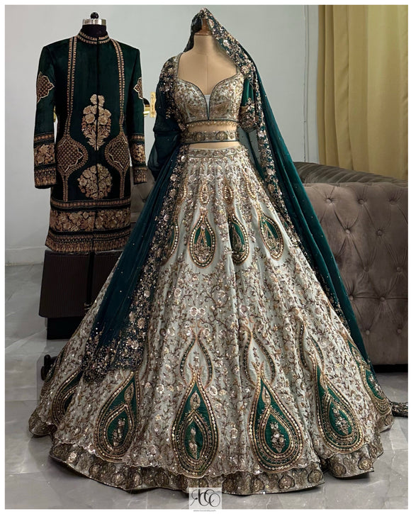 Mint green Bridal Lehenga and Green velvet sherwani