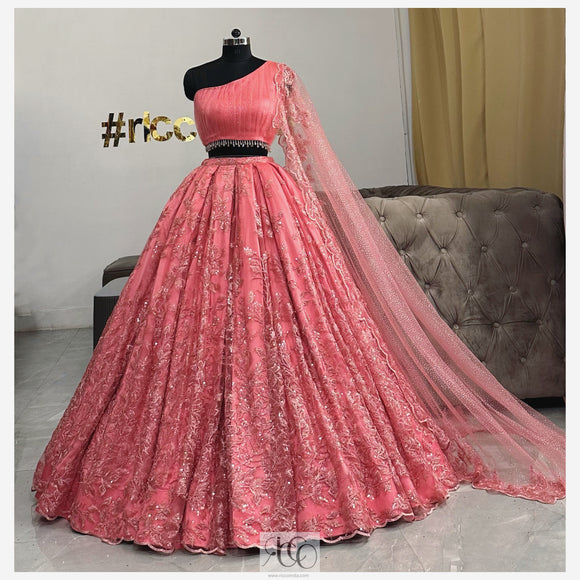 PINK ONE SHOULDER DRAPE LEHENGA WITH CAPE