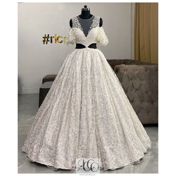 WHITE ILLUSION NECKLINE BALL GOWN