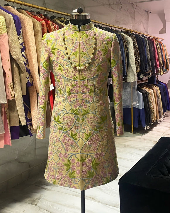 Ivory sherwani with floral embroidery