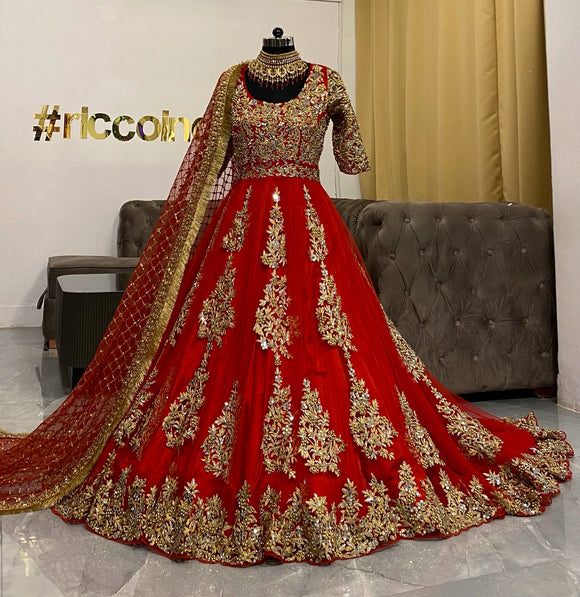 Bridal red lehenga with trail