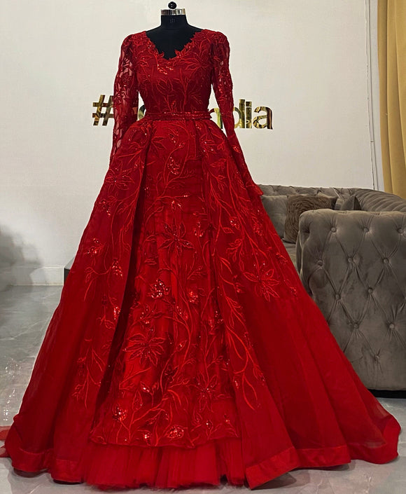 Red mermaid gown with detachable train