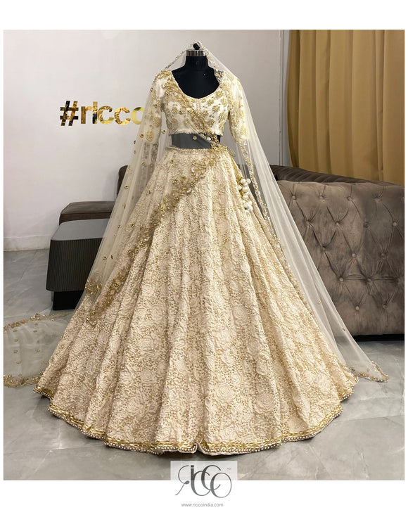 IVORY JACQUARD LEHENGA WITH 2 DUPATTAS