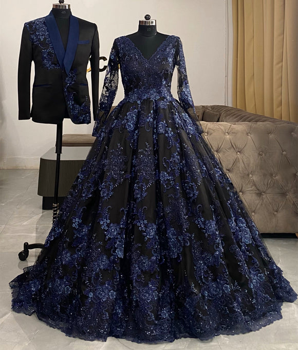 Blue co-ord outfit for bride and groom
